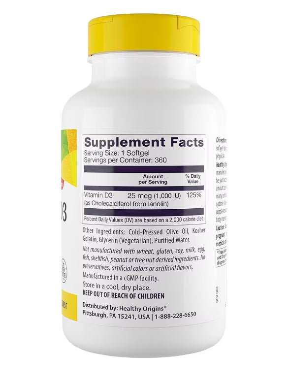 Healthy Origins Vitamin D3 1,000 IU (25 mcg) | 360 Softgels