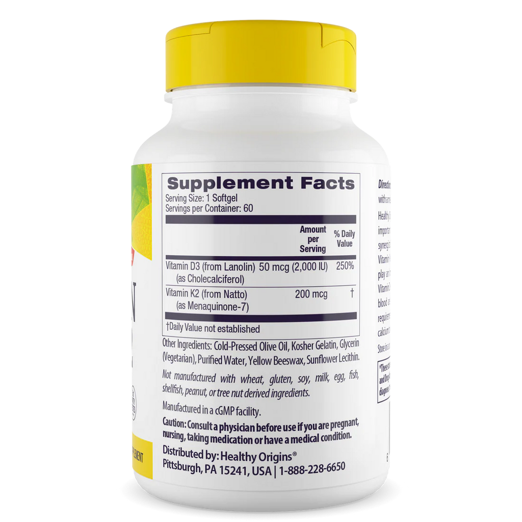 Healthy Origins Vitamin D3 (50 mcg) & K2(200mcg) | 60 Softgels