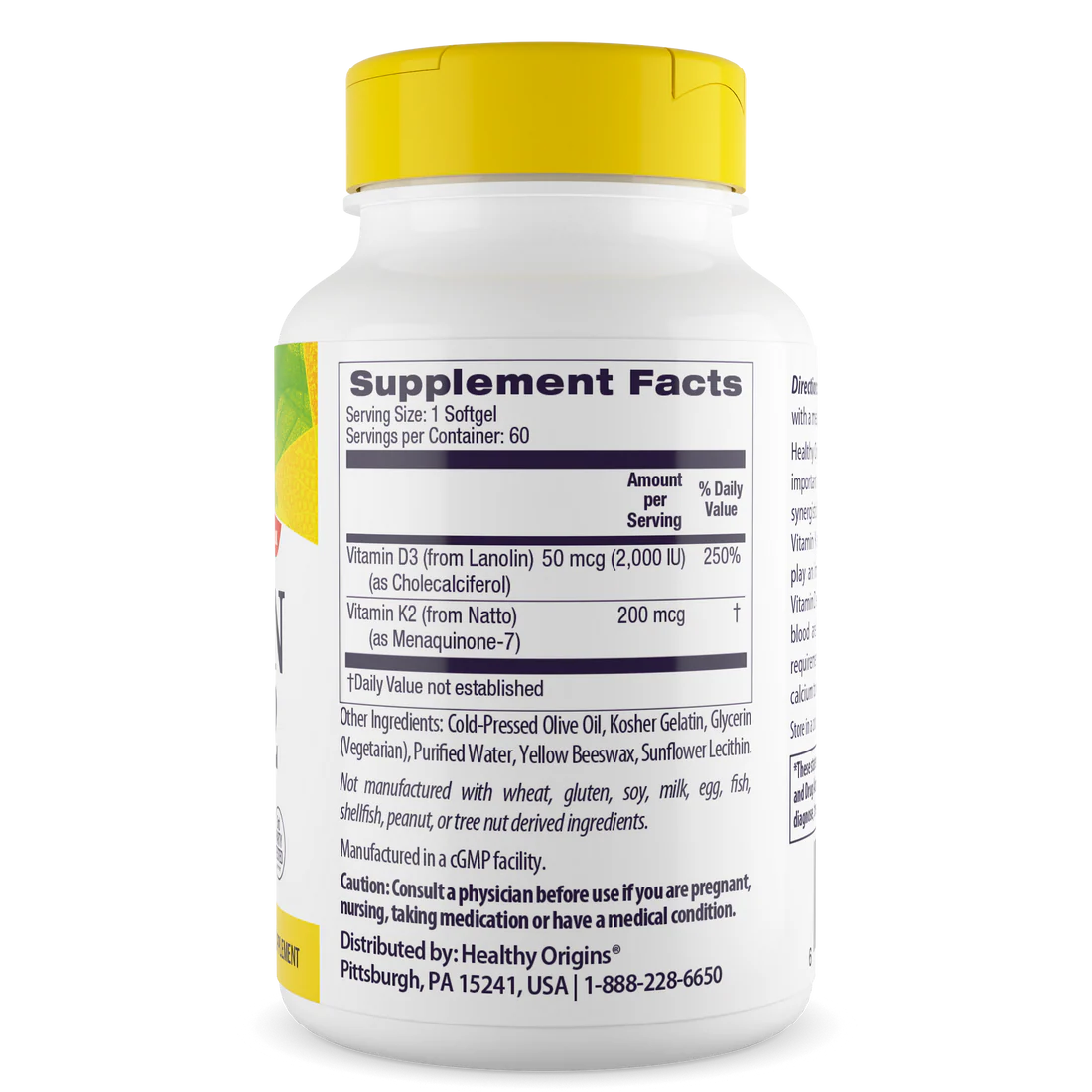 Healthy Origins Vitamin D3 (50 mcg) & K2(200mcg) | 60 Softgels