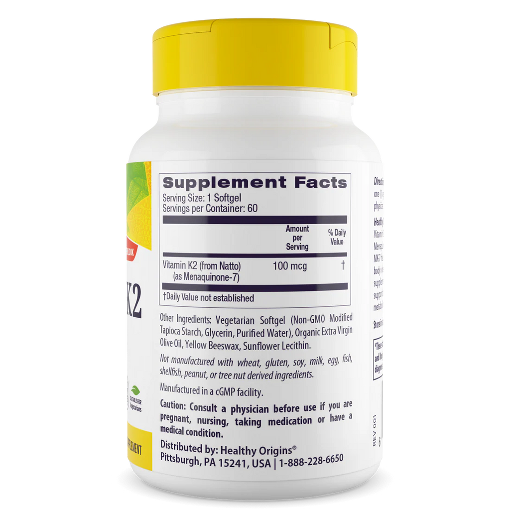 Healthy Origins Vitamin K2 as MK-7 100 mcg | 60 Veggie Softgels