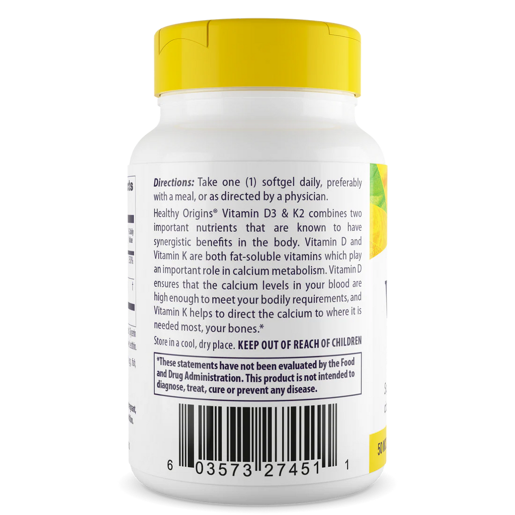 Healthy Origins Vitamin D3 (50 mcg) & K2(200mcg) | 60 Softgels
